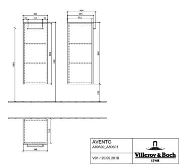 VILLEROY & BOCH AVENTO nízka skrinka 35x40,5x89 cm, 1 dvierka, pánty vľavo, Crystal White A89500B4 Technický nákres