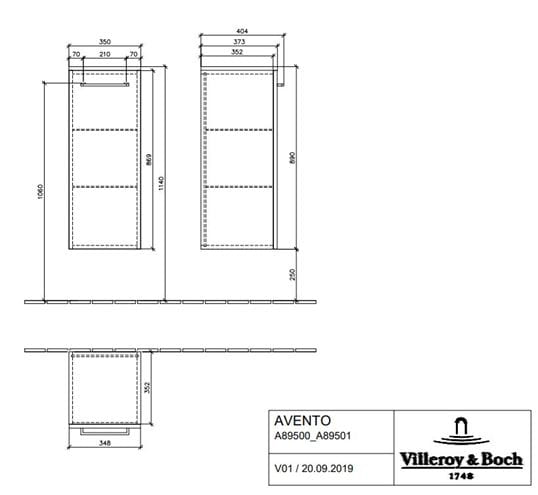 VILLEROY & BOCH AVENTO nízka skrinka 35x40,5x89 cm, 1 dvierka, pánty vľavo, Crystal White A89500B4 Technický nákres