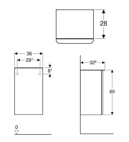 GEBERIT SMYLE SQUARE nízka skrinka 36x32, 6x60 cm, 1 dvierka, pánty vľavo, matná lávová 500.360.JK.1 Technický nákres