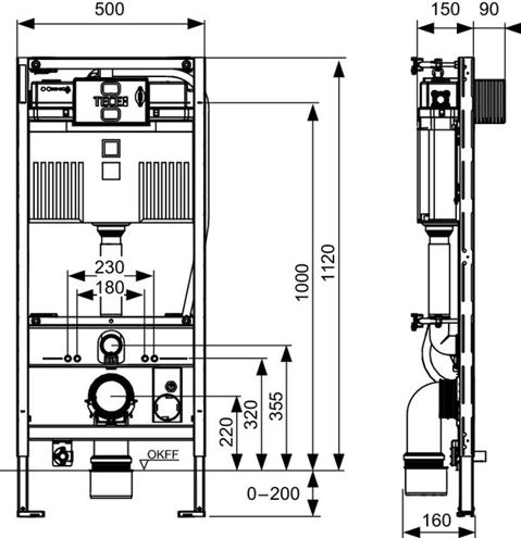 TECE PROFIL montážny prvok pre WC 112 cm, so splachovacou nádržkou Uni 9300344 Technický nákres