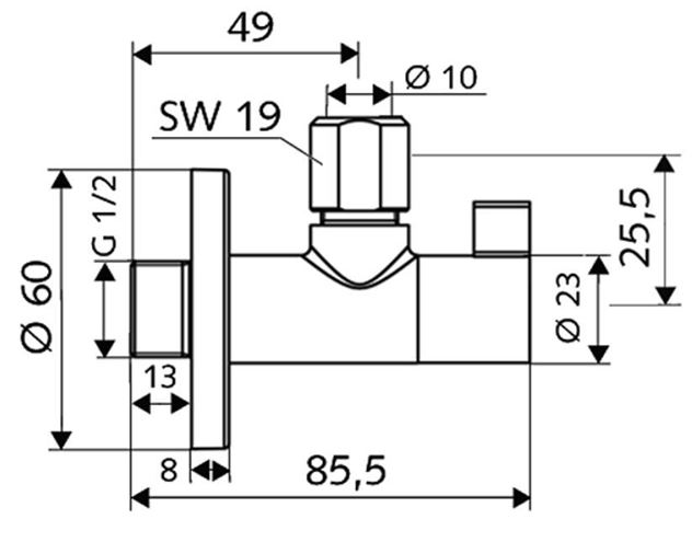 SCHELL WING rohový ventil 1/2"x3/8", chróm 053920699 Technický nákres