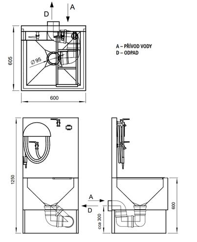 AZP BRNO výlevka pre chemické WC 60 cm, s napúšťacím ventilom a roštom, nerez VLK 03 Technický nákres