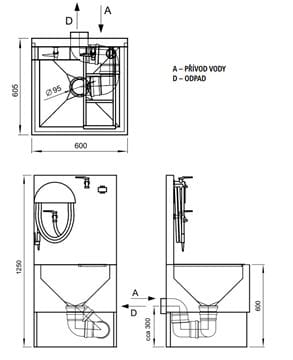 AZP BRNO výlevka pre chemické WC 60 cm, s napúšťacím ventilom a roštom, nerez VLK 03 Technický nákres