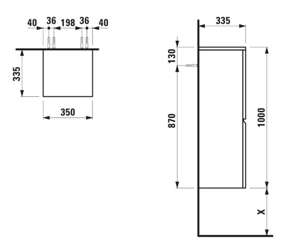 LAUFEN PRO S nízka skrinka 35x33, 5x100 cm, 1 dvierka, pánty vľavo, biela H4831110954631 Technický nákres