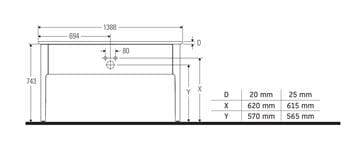 DURAVIT LUV skrinka pod umývadlo 133,8x57x74,3 cm, 1 zásuvka, Push-open, matná biela LU956103939 Technický nákres