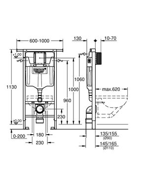 GROHE RAPID SL montážny prvok pre WC 113 cm, so splachovacou nádržkou 38588001 Technický nákres