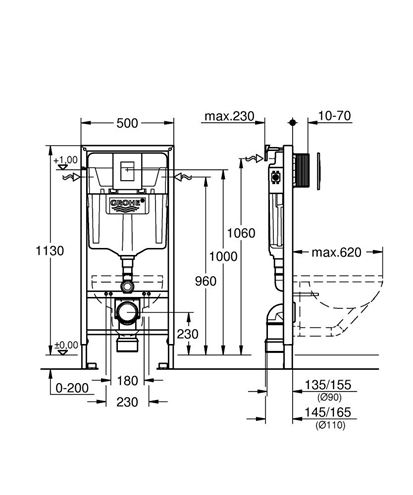 GROHE RAPID SL montážny prvok pre WC 113 cm, so splachovacou nádržkou a s tlačidlom Skate Cosmopolitan, chróm 38772001 Technický nákres