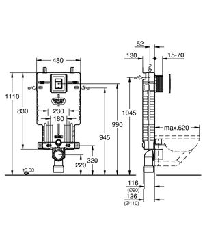 GROHE UNISET montážny prvok pre WC, so splachovacou nádržkou as ovládacím tlačidlom Skate Cosmopolitan, chróm 38825000 Technický nákres