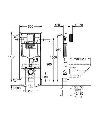 GROHE RAPID SL montážny prvok pre WC 113 cm, so splachovacou nádržkou 39002000 Technický nákres
