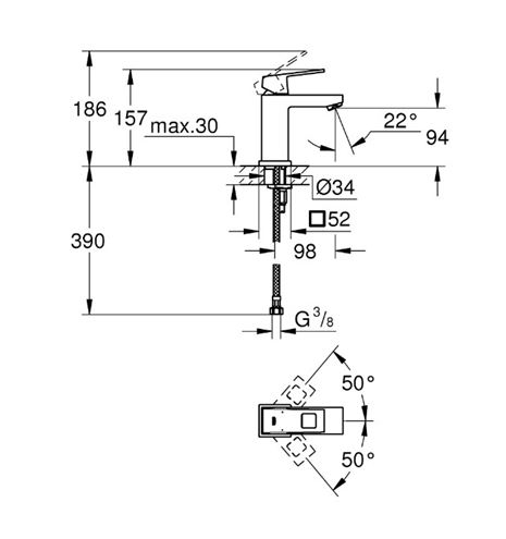 GROHE EUROCUBE umývadlová stojanková batéria, chróm 23132000 Technický nákres