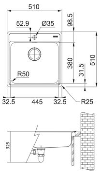 FRANKE BELL BCX 610-51 nerezový drez 510x510 mm, otvor pre batériu 101.0698.010 Technický nákres