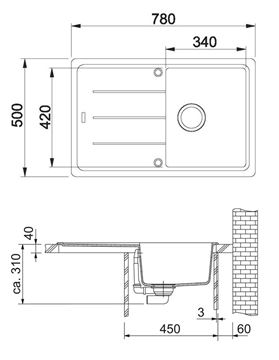 FRANKE BASIS BFG 611-78 fragranitový drez 780x500 mm, otočný, odkvapkávač, matná čierna 114.0661.513 Technický nákres