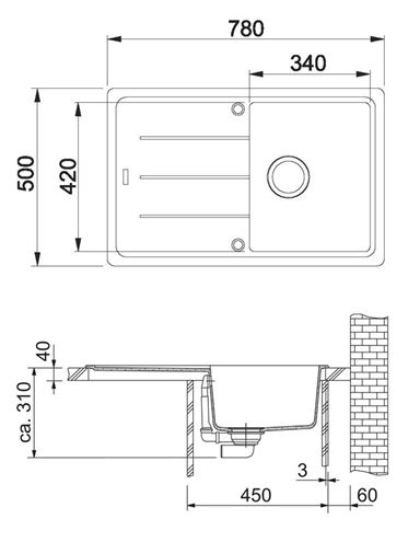 FRANKE BASIS BFG 611-78 fragranitový drez 780x500 mm, otočný, odkvapkávač, matná čierna 114.0661.513 Technický nákres