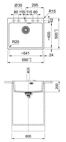 FRANKE MARIS MRG 610-54 FTL fragranitový drez 590x500 mm, matná čierna 114.0661.453 Technický nákres
