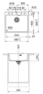 FRANKE MARIS MRG 610-54 FTL fragranitový drez 590x500 mm, matná čierna 114.0661.453 Technický nákres