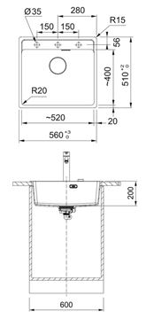 FRANKE MARIS MRG 610-52 RTL fragranitový drez 560x510 mm, matná čierna 114.0661.384 Technický nákres