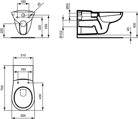 IDEAL STANDARD CONTOUR 21 bezbariérové závesné WC V340401 Technický nákres