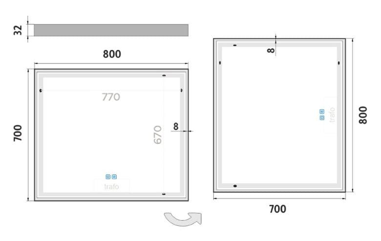 NIMCO ZP 13000 zrkadlo 80x70 cm, reverzibilné, s osvetlením, s reguláciou stmievania a teploty svetla, s dvoma senzormi ZP 13003VX Technický nákres