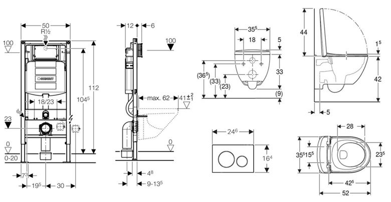 CONCEPT závesné WC s montážnym prvkom Duofix, Rimfree splachovanie, Soft-close sedátko, biele tlačidlo PT3.GEDF-RSC.WCR.12 Technický nákres
