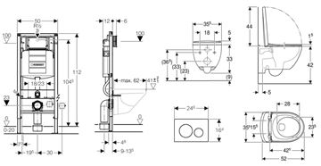CONCEPT závesné WC s montážnym prvkom Duofix, Rimfree splachovanie, Soft-close sedátko, biele tlačidlo PT3.GEDF-RSC.WCR.12 Technický nákres
