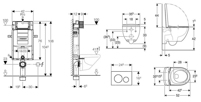 CONCEPT závesné WC s montážnym prvkom Kombifix, Rimfree splachovanie, Soft-close sedátko, biele tlačidlo PT2.GEKF-RSC.WCR.11 Technický nákres
