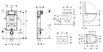 CONCEPT závesné WC s montážnym prvkom Kombifix, Rimfree splachovanie, Soft-close sedátko, biele tlačidlo PT2.GEKF-RSC.WCR.11 Technický nákres