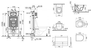 VITRA INTEGRA závesné WC s montážnym prvkom SADROMODUL, sedadlo, biele tlačidlo PT1.ALDF-KK.W.28 Technický nákres