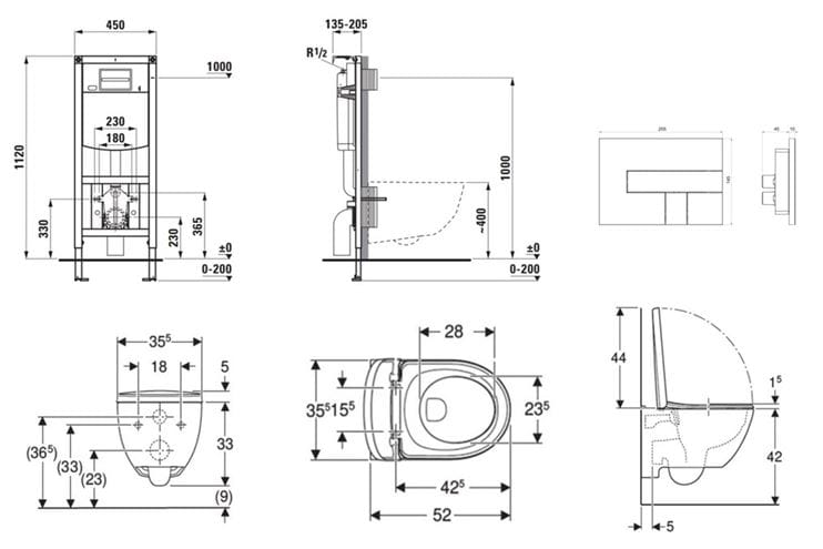 CONCEPT závesné WC s montážnym prvkom Laufen Ineo, Rimfree splachovanie, Soft-close sedátko, chrómové tlačidlo PT2.LADF-RSC.CR.8 Technický nákres