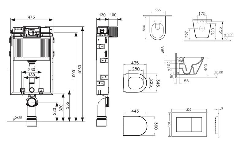 VITRA INTEGRA závesné WC s montážnym prvkom TECEbox, Rim-ex splachovanie, SoftClose sedátko, lesklé chrómové tlačidlo SET VITRA+TECE ZED Technický nákres