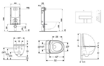 CONCEPT závesné WC s montážnym prvkom Laufen Ineo TW102, Rimfree splachovanie, Soft-close sedátko, chrómové tlačidlo PT2.LAKF-RSC.CR.7 Technický nákres