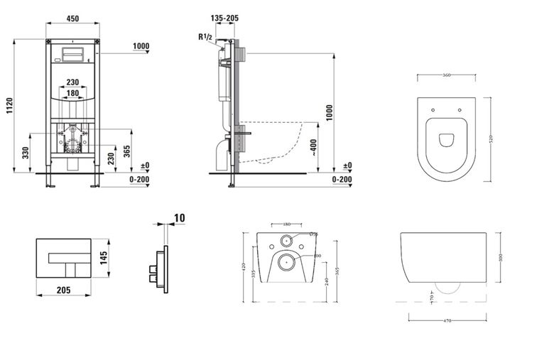 ARTCERAM MONET závesné WC s montážnym prvkom Laufen Ineo CW102, Rimless splachovanie, SoftClose sedátko, chrómové tlačidlo PT3.LADF-RSC.CR.16 Technický nákres