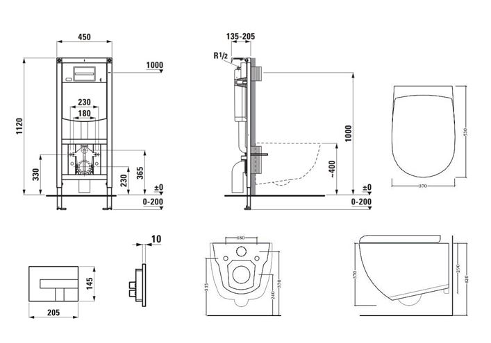 ARTCERAM FILE 2.0 závesné WC s montážnym prvkom Laufen Ineo CW102, Rimless splachovanie, SoftClose sedátko, chrómové tlačidlo PT3.LADF-RSC.CR.20 Technický nákres