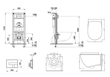 ARTCERAM FILE 2.0 závesné WC s montážnym prvkom Laufen Ineo CW102, Rimless splachovanie, SoftClose sedátko, chrómové tlačidlo PT3.LADF-RSC.CR.20 Technický nákres