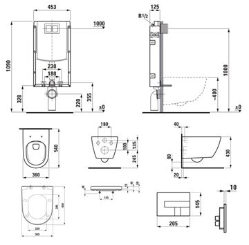 LAUFEN FIORA závesné WC s montážnym prvkom Laufen Ineo TW102, Rimless splachovanie, SoftClose sedátko, chrómové tlačidlo PT2.LAKF-RSC.CR.5 Technický nákres