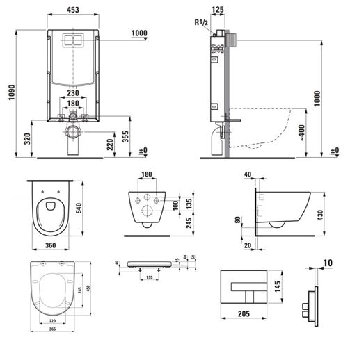 LAUFEN FIORA závesné WC s montážnym prvkom Laufen Ineo TW102, Rimless splachovanie, SoftClose sedátko, chrómové tlačidlo PT2.LAKF-RSC.CR.5 Technický nákres