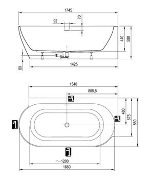 CONCEPT FREE CORNER P rohová vaňa 174,5x86 cm, s nožičkami, akrylát CC91050000 Technický nákres