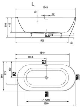 CONCEPT FREE CORNER L rohová vaňa 174,5x86 cm, s nožičkami, akrylát CC81050000 Technický nákres