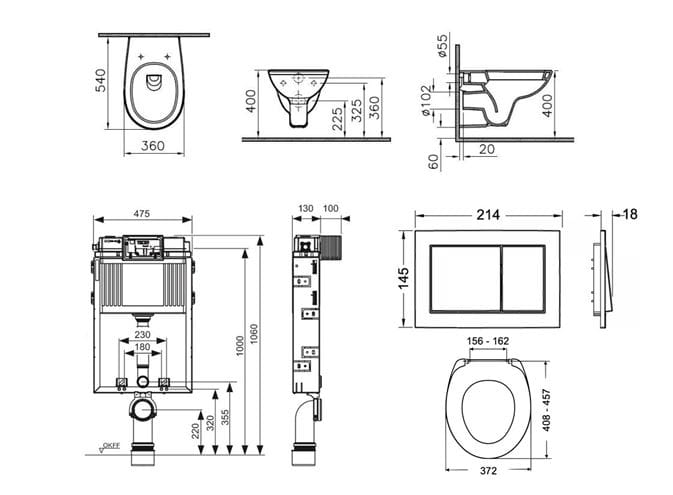 CONCEPT 100 závesné WC s montážnym prvkom TECEbox, sedátko, biele tlačidlo PT1.TEKF-KK.W.25 Technický nákres