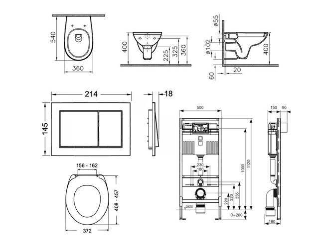 CONCEPT 100 závesné WC s montážnym prvkom TECEprofil, sedátko, biele tlačidlo PT1.TEDF-KK.W.26 Technický nákres