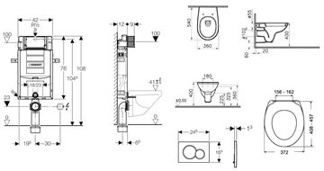 CONCEPT 100 závesné WC s montážnym prvkom Kombifix, sedátko, biele tlačidlo PT2.GEKF-KK.W.3 Technický nákres