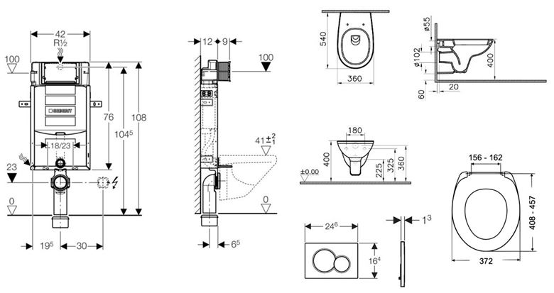 CONCEPT 100 závesné WC s montážnym prvkom Kombifix, sedátko, biele tlačidlo PT2.GEKF-KK.W.3 Technický nákres