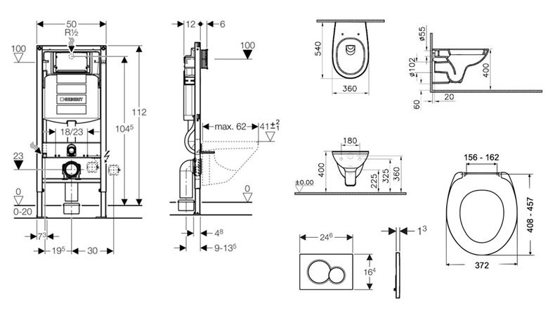 CONCEPT 100 závesné WC s montážnym prvkom Duofix, sedátko, biele tlačidlo PT2.GEDF-KK.W.4 Technický nákres