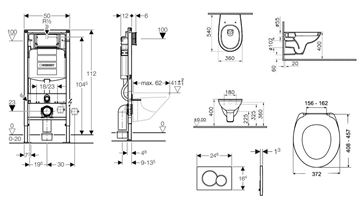 CONCEPT 100 závesné WC s montážnym prvkom Duofix, sedátko, biele tlačidlo PT2.GEDF-KK.W.4 Technický nákres
