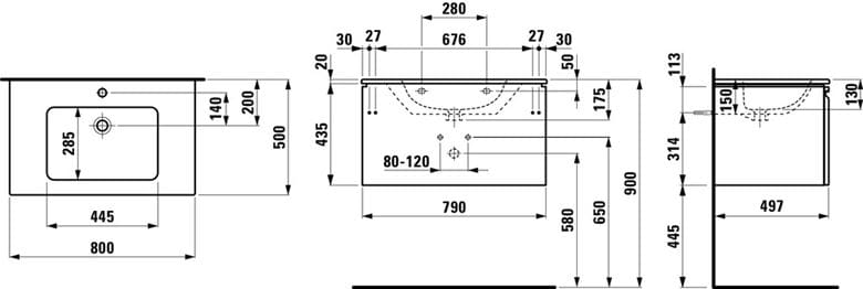 LAUFEN PRO S skrinka s umývadlom 80x50x46 cm, 1 zásuvka, lesklá biela H8609634751041 Technický nákres