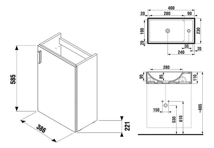 JIKA PETIT skrinka s umývadlom 40x23x69, 5 cm, 1 dvierka, jaseň H45J5111755141 Technický nákres