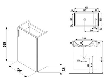 JIKA PETIT skrinka s umývadlom 40x23x69, 5 cm, 1 dvierka, šedá H45J5111753011 Technický nákres