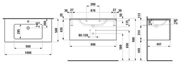 LAUFEN PRO S skrinka s umývadlom 100x50x46 cm, 1 zásuvka, matná biela H8609664631041 Technický nákres