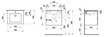 LAUFEN PRO S skrinka s umývadlom 60x50x54, 5 cm, 2 zásuvky, lesklá biela H8619614751041 Technický nákres