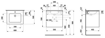 LAUFEN PRO S skrinka s umývadlom 60x50x61 cm, 2 zásuvky, Push-open, s organizérom, lesklá biela H8649602611041 Technický nákres