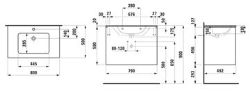 LAUFEN PRO S skrinka s umývadlom 80x50x61 cm, 2 zásuvky, Push-open, s organizérom, lesklá biela H8649612611041 Technický nákres
